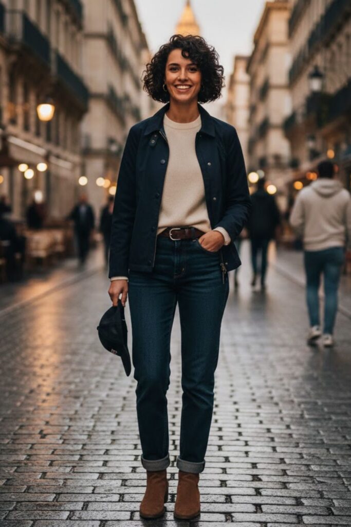 14. Light Brown Suede Boots with Short Jacket and Dark Jeans