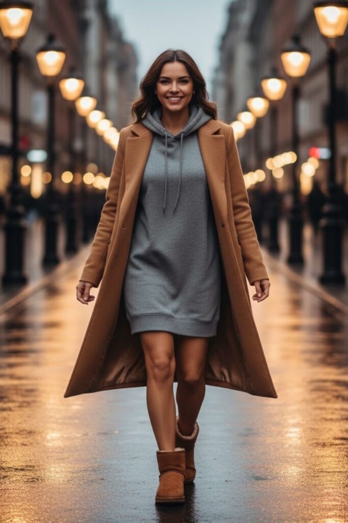 14. short ugg boots outfit with Hoodie Dress and Long Coat