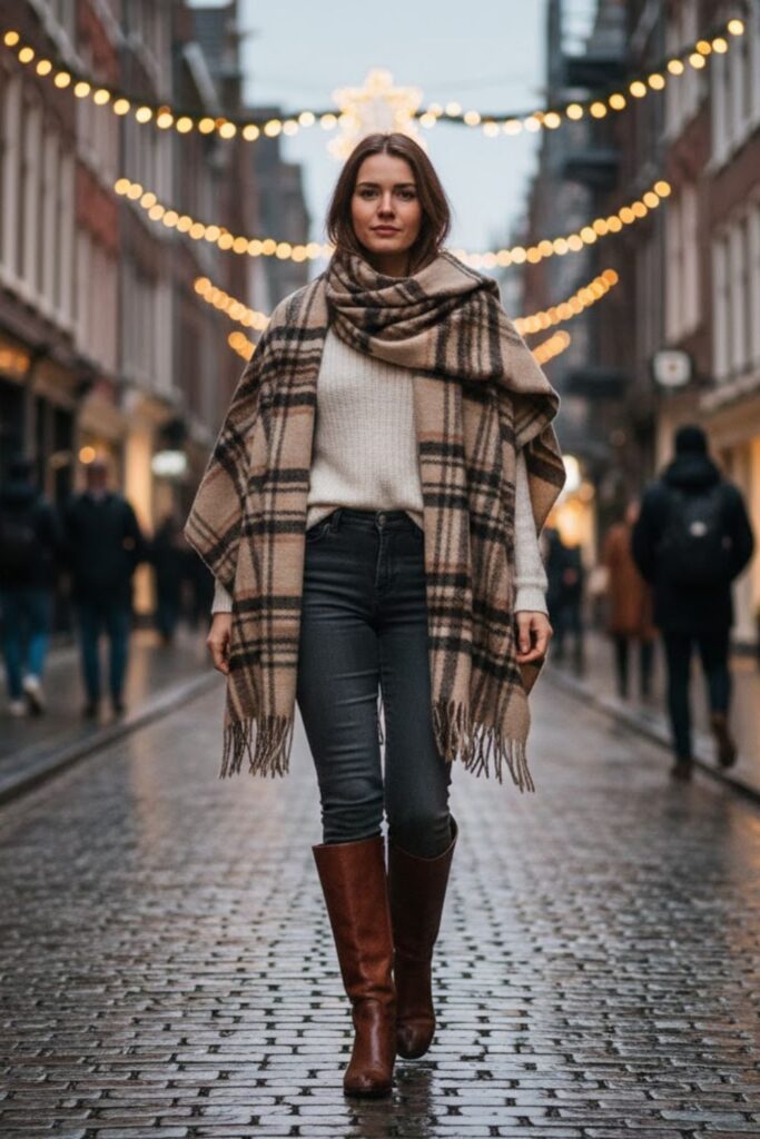 15. Blanket Scarf And Neutral Outfit