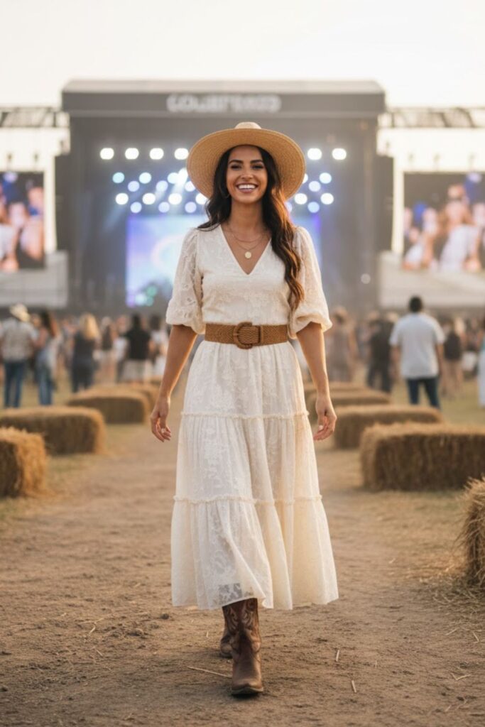 15. Country Concert Outfit Brown Boots with Tiered Dress and Belt