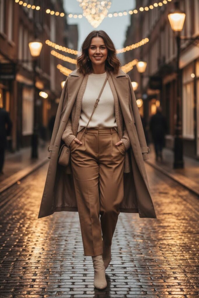 15. Cream Suede Boots with Layered Neutrals