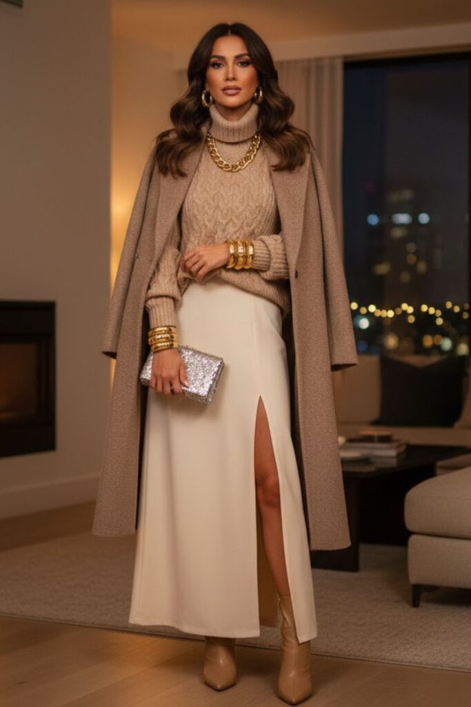 15. Layered Neutral Outfit With Statement Jewelry