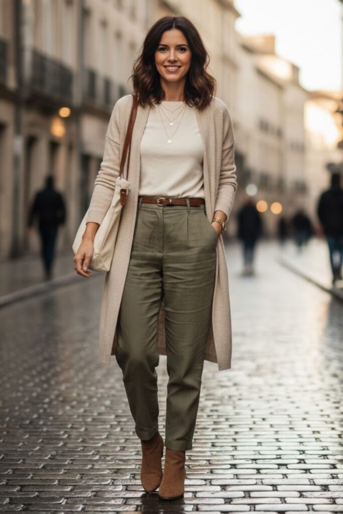 15. Light Brown Suede Boots with Layered Neutrals