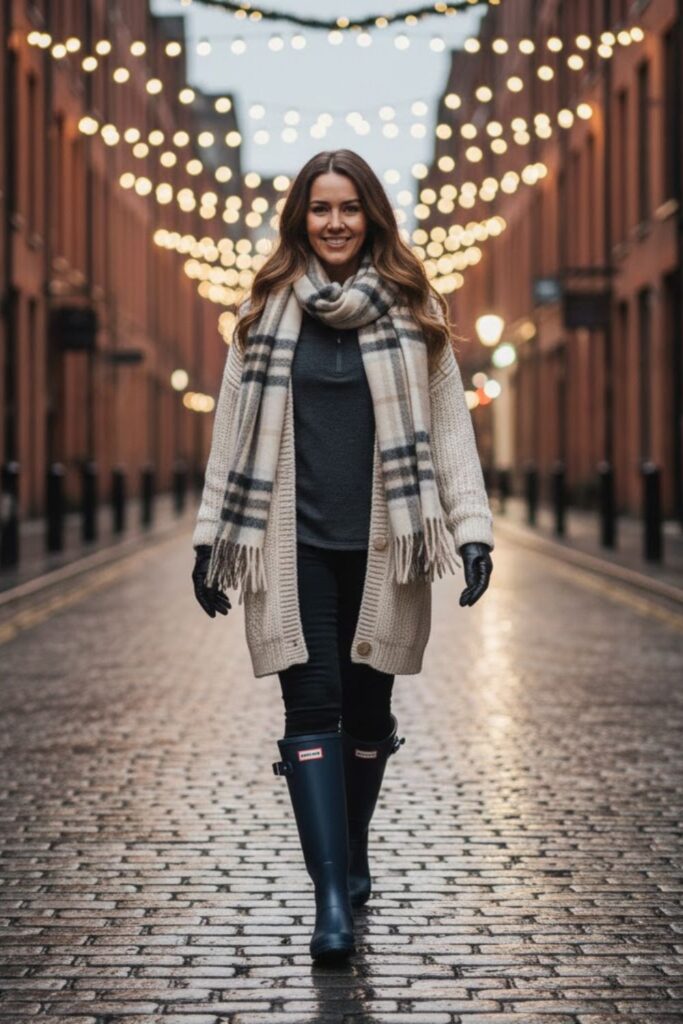 15. knee high hunter boots outfit with Long Cardigan and Thermal Layers