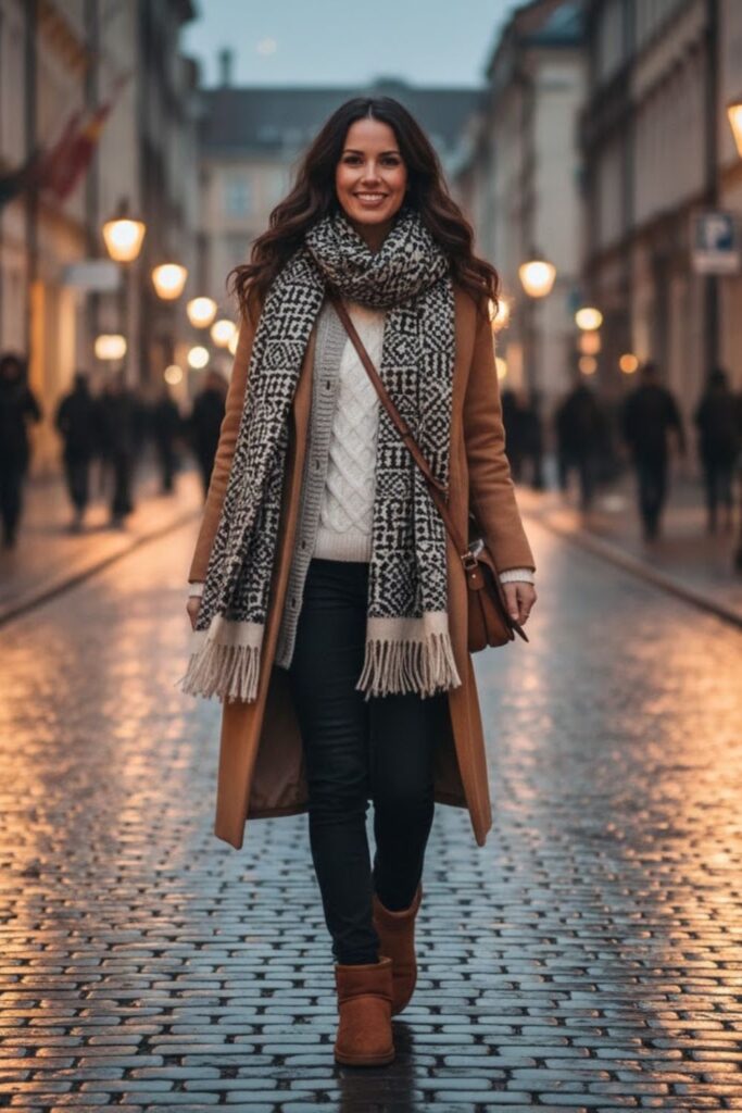 15. short ugg boots outfit with Layered Basics and Scarf