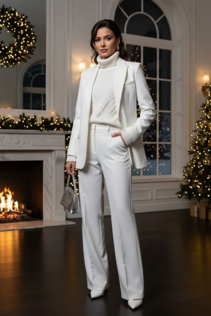 2. All-White Tailored Suit With Soft Knit Top