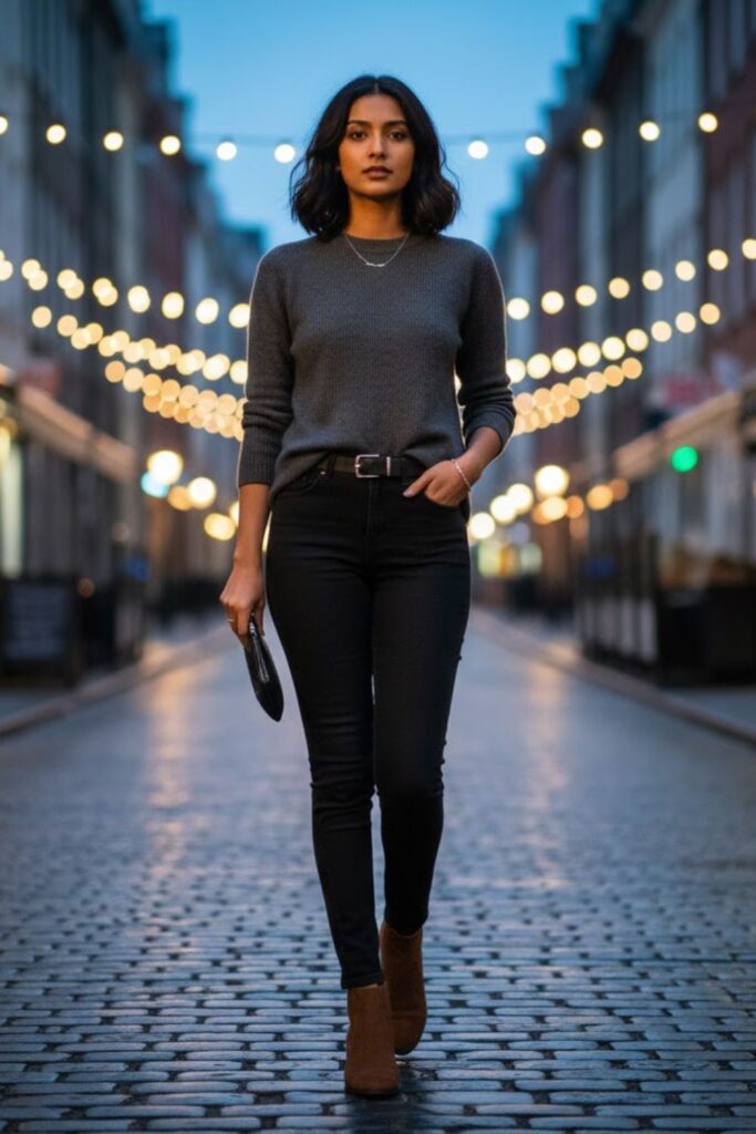 2. Black jeans with brown suede boots outfit