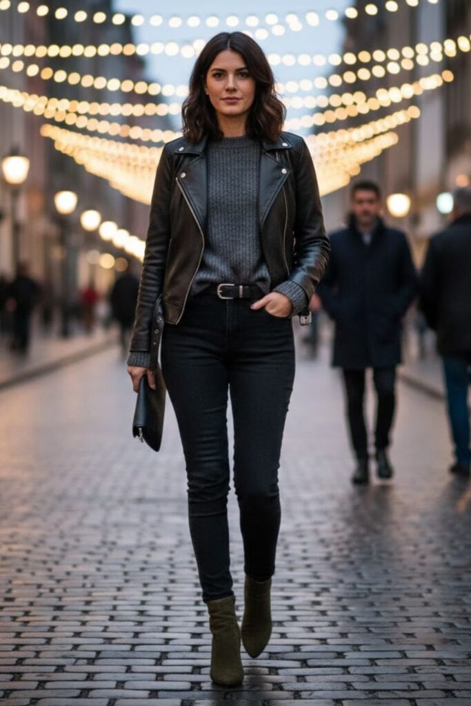 2. Black jeans with olive green suede boots outfit