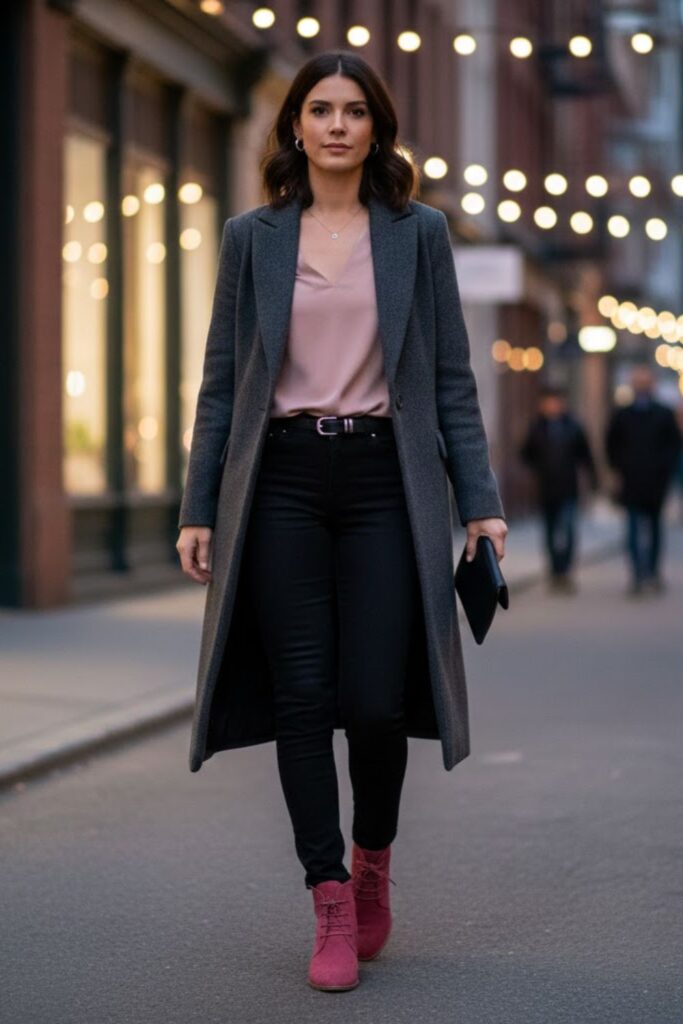 2. Black jeans with pink suede boots outfit