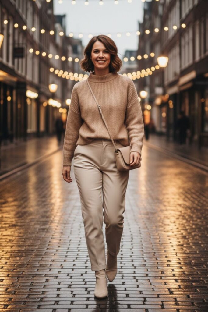 2. Cream Suede Boots with Beige Knit and Neutral Trousers