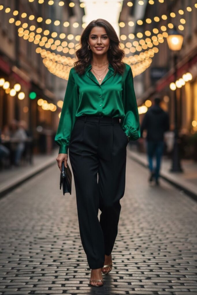 2. Satin Blouse with Tailored Pants