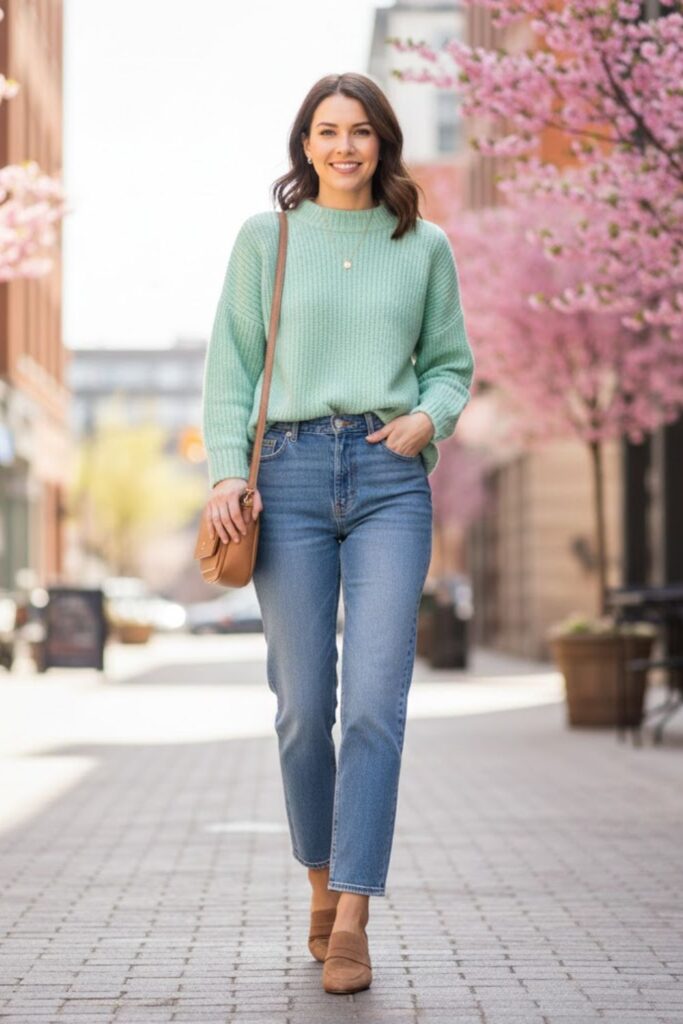 2. Straight-Leg Jeans with Pastel Knit Sweater
