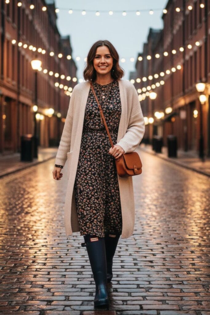 2. knee high hunter boots outfit with Midi Dress and Long Cardigan