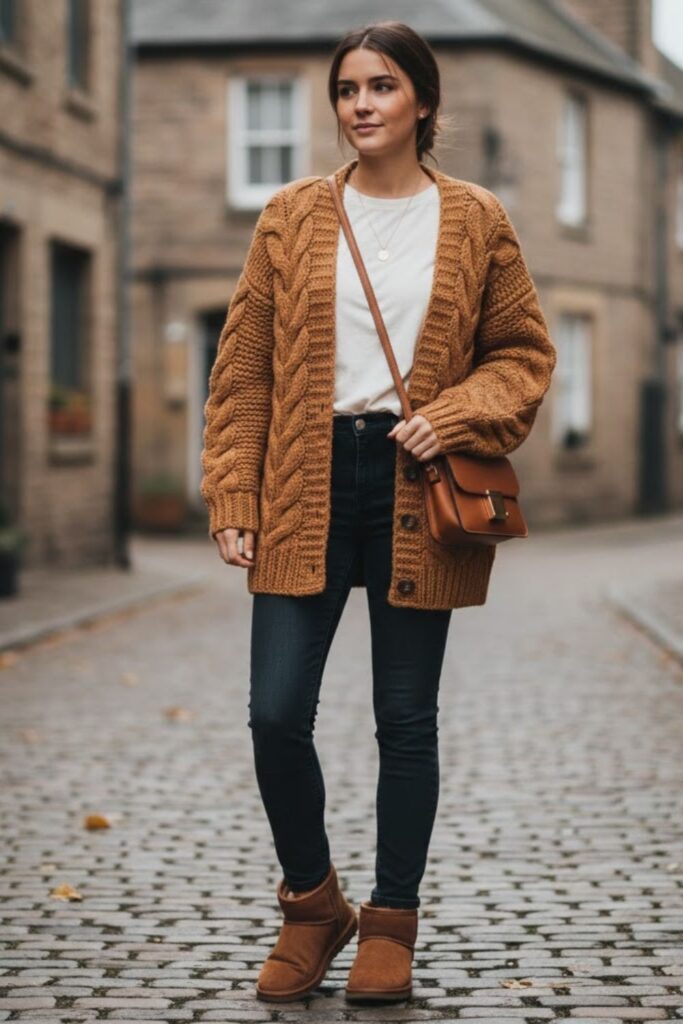 2. short ugg boots outfit with Skinny Jeans and Knit Cardigan