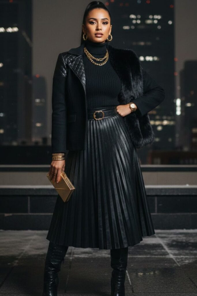 3. All-Black Layered Outfit With Gold Accessories