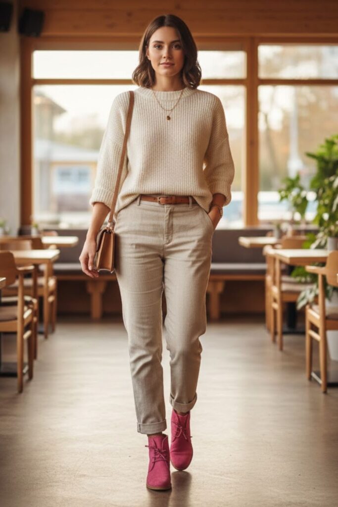 3. Beige trousers and soft knit layers