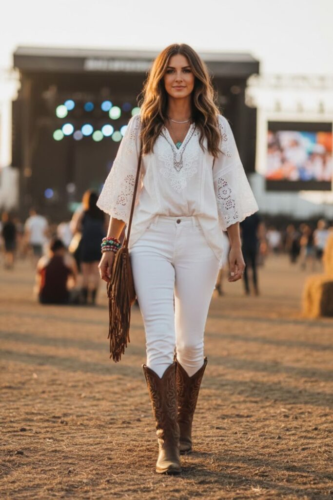 3. Country Concert Outfit Brown Boots with White Jeans and Boho Top