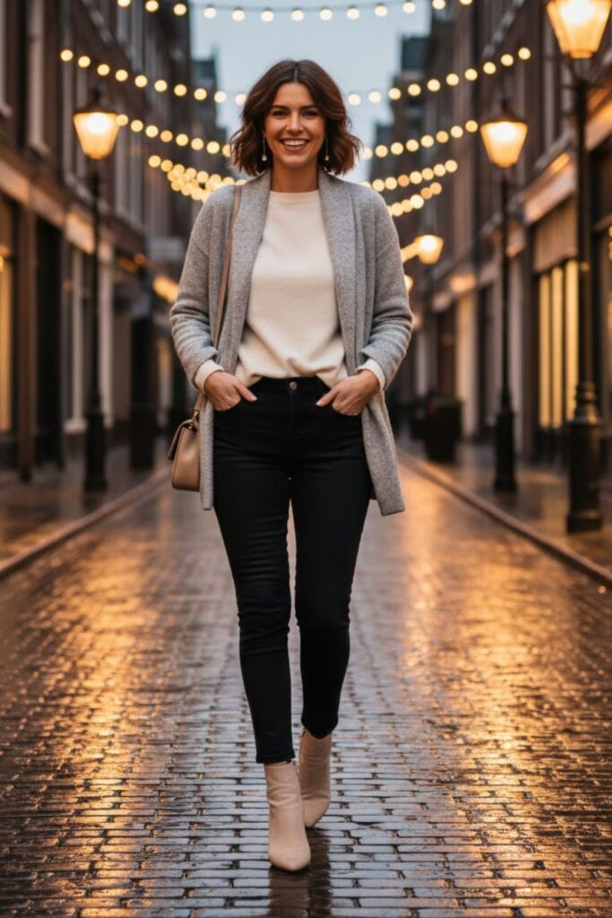 3. Cream Suede Boots with Black Jeans and Soft Layers