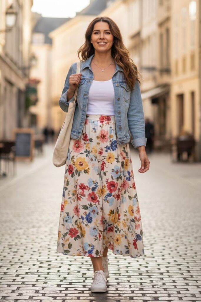 3. Denim Jacket with Printed Maxi Skirt
