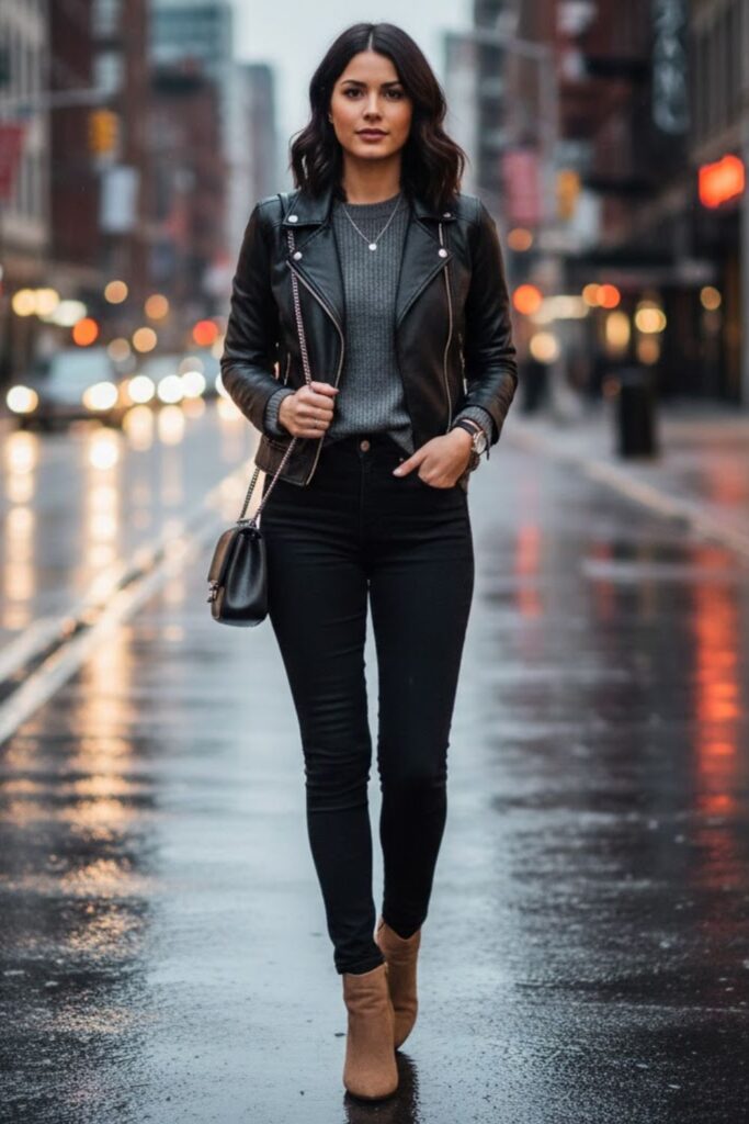 3. Light Brown Suede Boots with Black Skinny Jeans and Leather Jacket