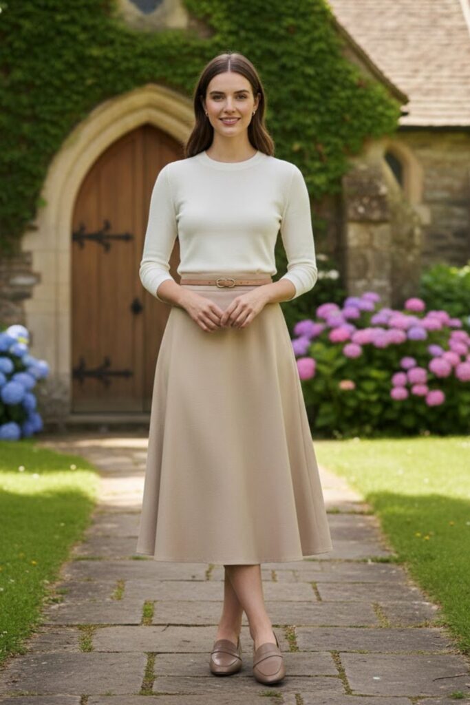 3. Neutral Midi Skirt with Knit Top