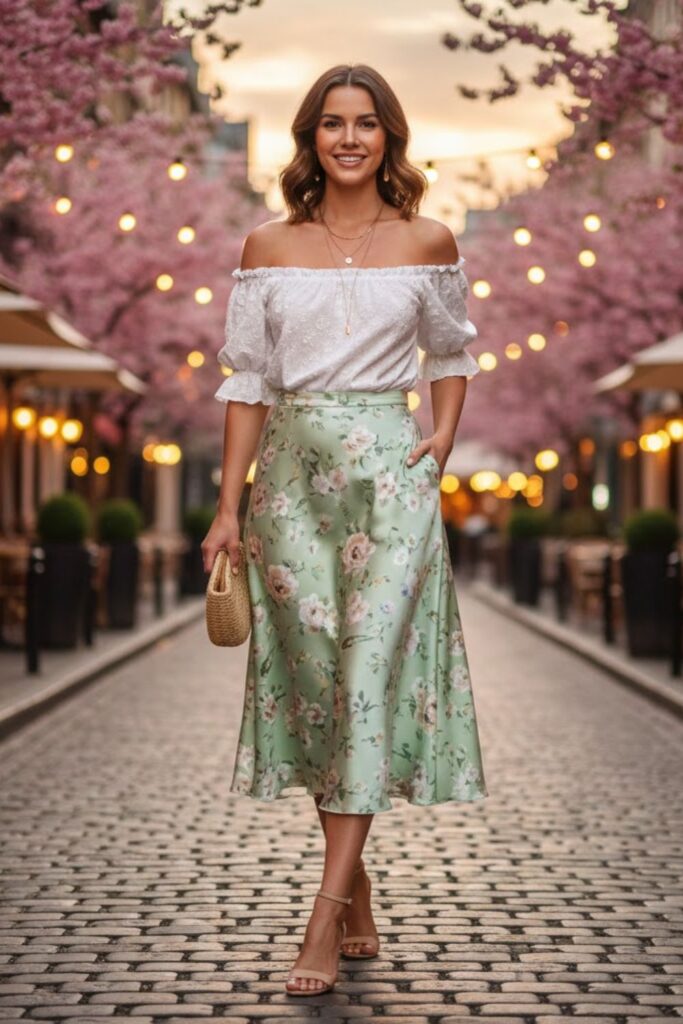 3. Off-Shoulder Top with Midi Skirt