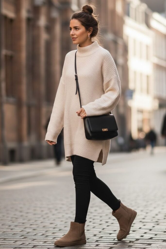 3. Suede Boots with Oversized Sweater and Leggings