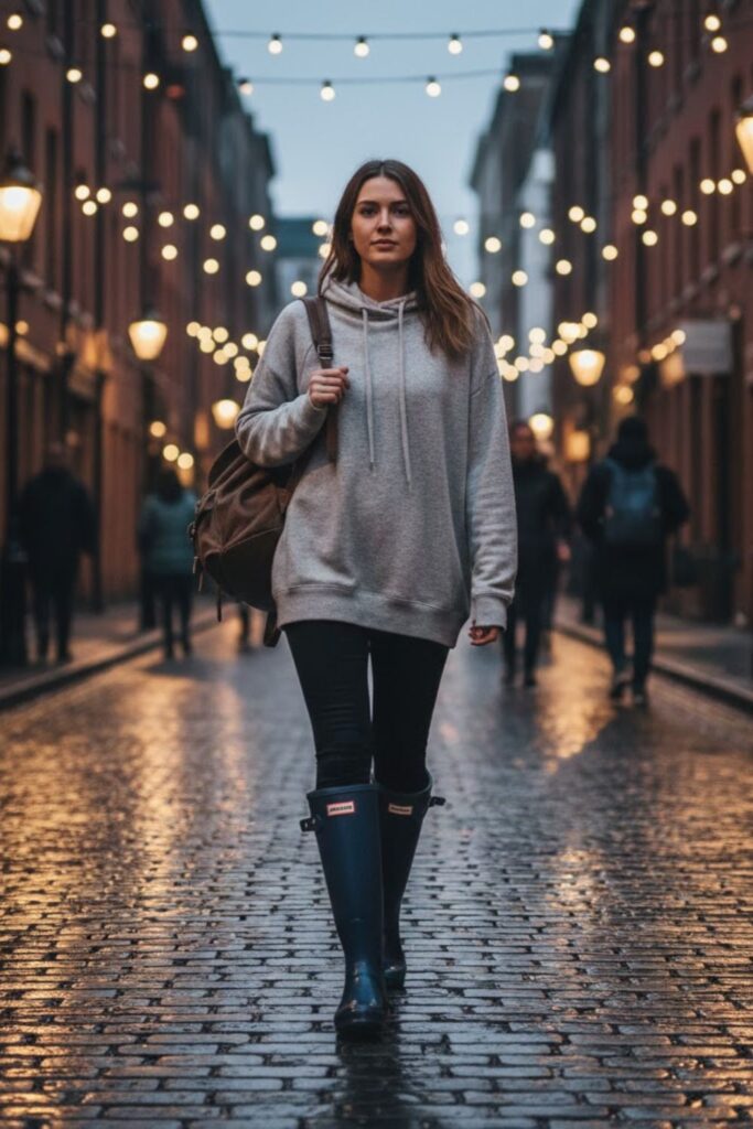 3. knee high hunter boots outfit with Leggings and Oversized Hoodie