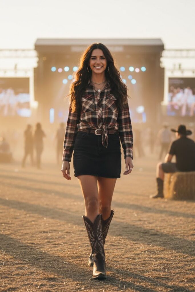 4. Country Concert Outfit Brown Boots with Plaid Shirt and Skirt