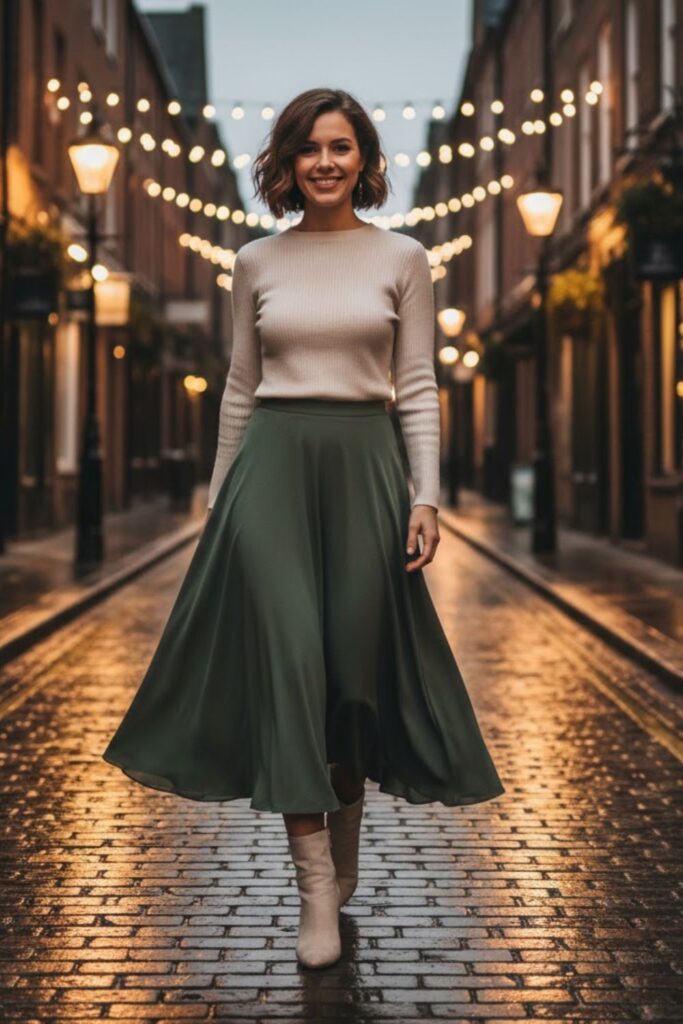 4. Cream Suede Boots with Midi Skirt and Knit Top