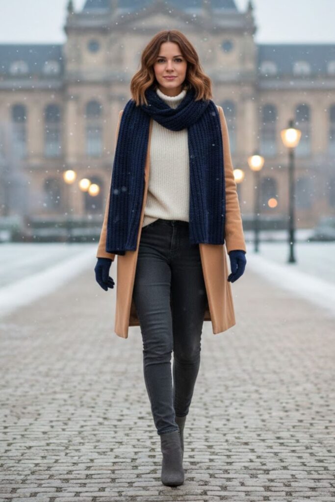 4. Grey Suede Boots with Layered Winter Outfit