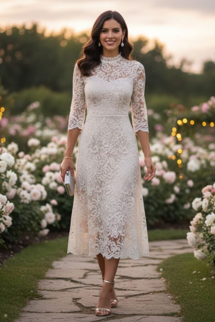 4. Lace Midi Dress with Strappy Heels