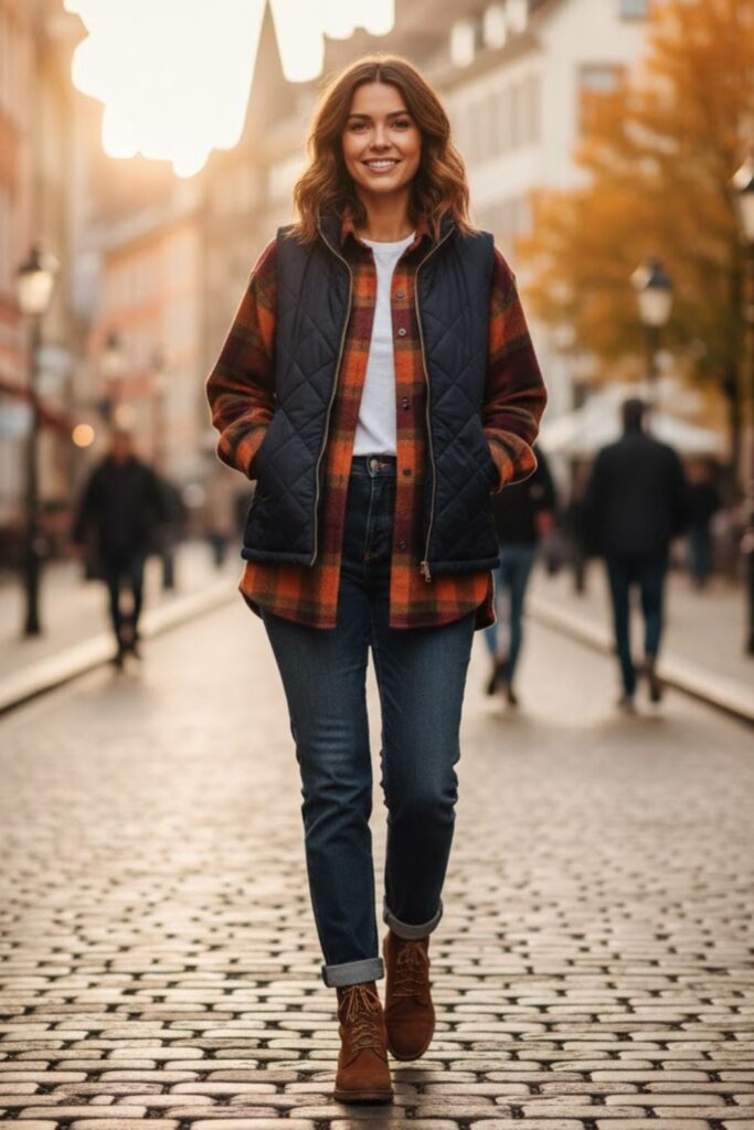 4. Layered fall look with flannel shirt