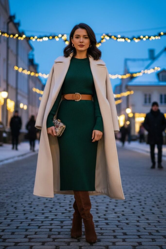 4. Midi Dress With Belt And Heeled Boots