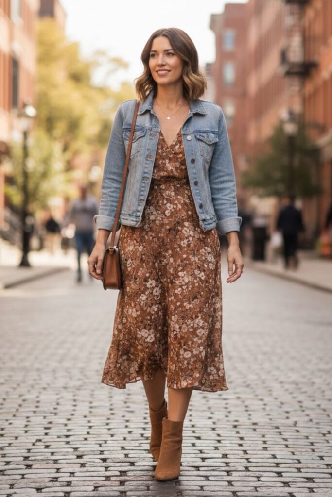 4. Suede Boots with Midi Dress and Light Jacket