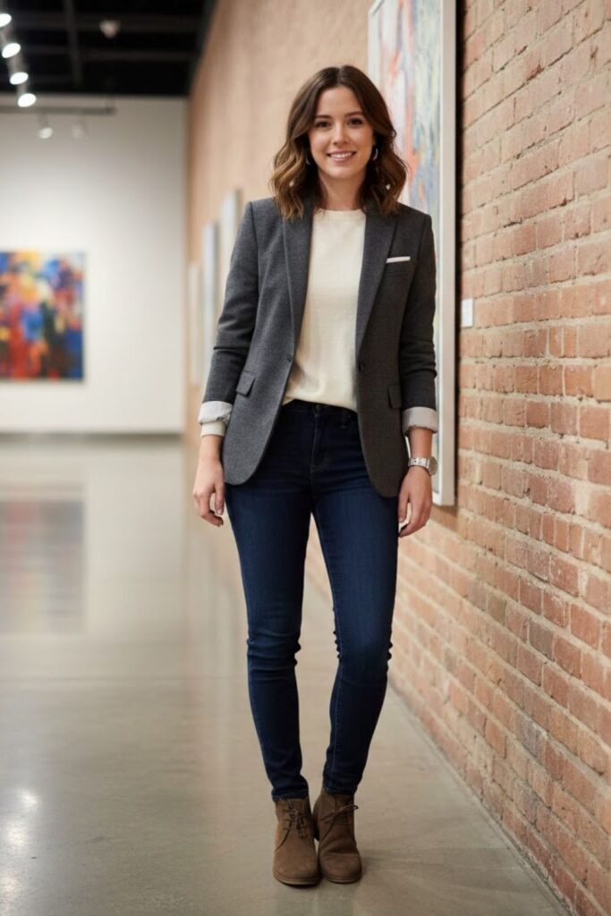 4. Tailored blazer and dark denim combination