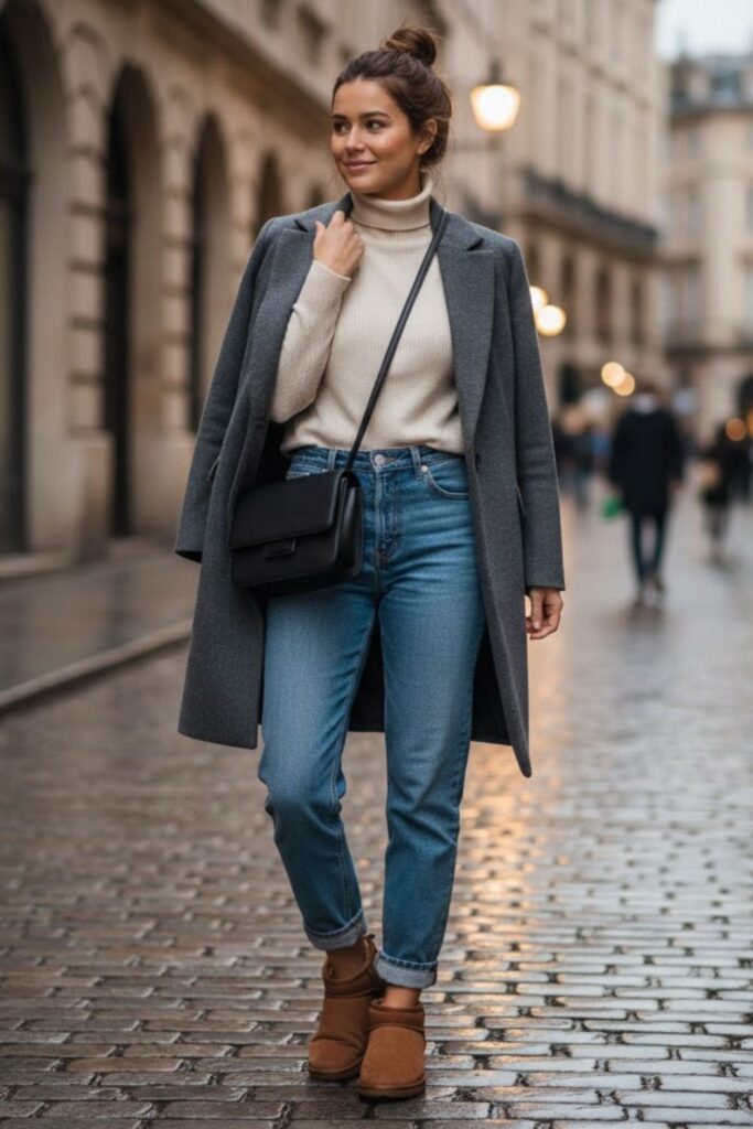 4. short ugg boots outfit with Straight-Leg Jeans and Turtleneck