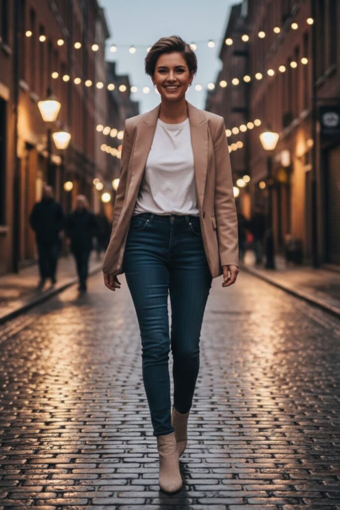 5. Cream Suede Boots with Tailored Blazer and Jeans
