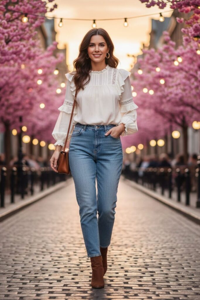 5. High-Waist Jeans with Romantic Blouse