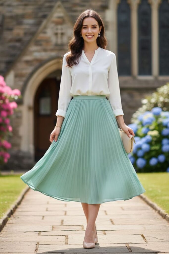 5. Pleated Skirt with Button-Up Blouse
