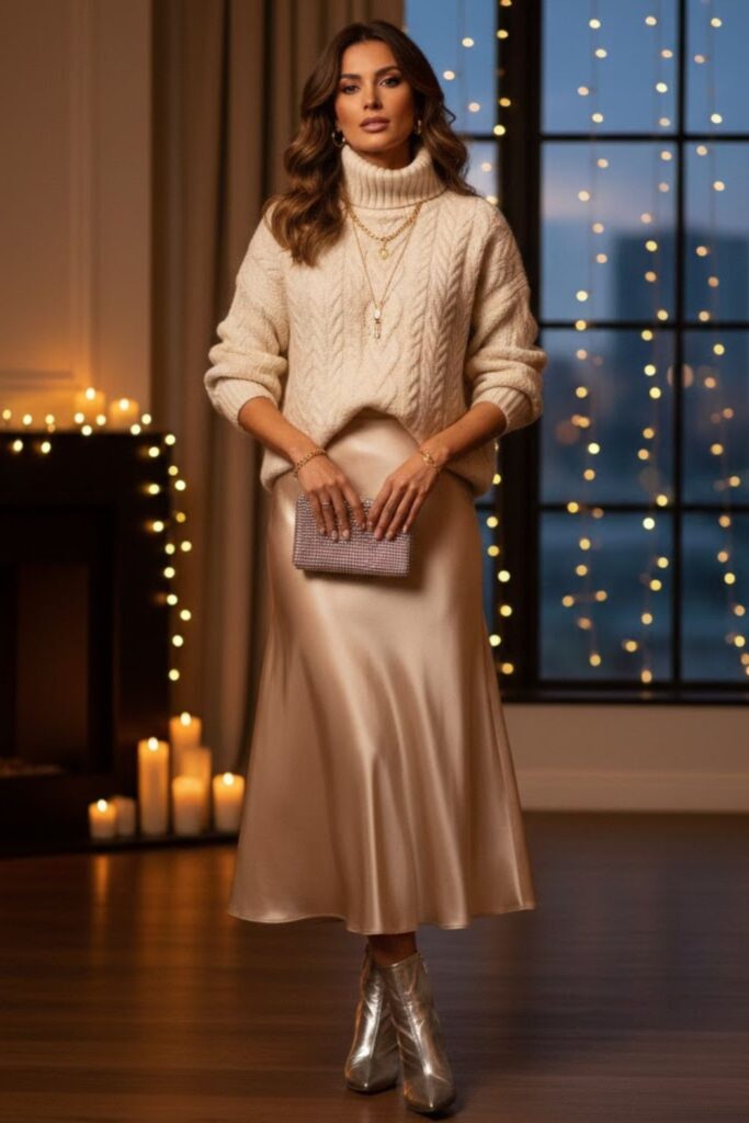 5. Satin Skirt With Chunky Knit Sweater
