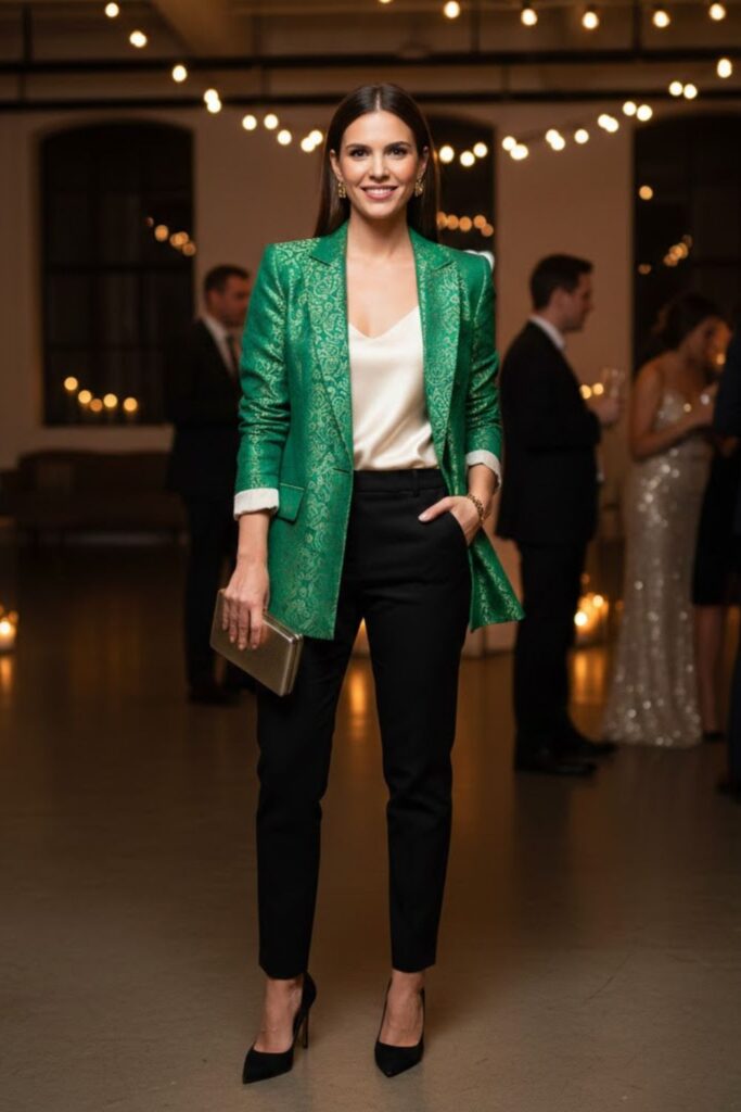 5. Statement Blazer with Silk Cami and Skinny Pants