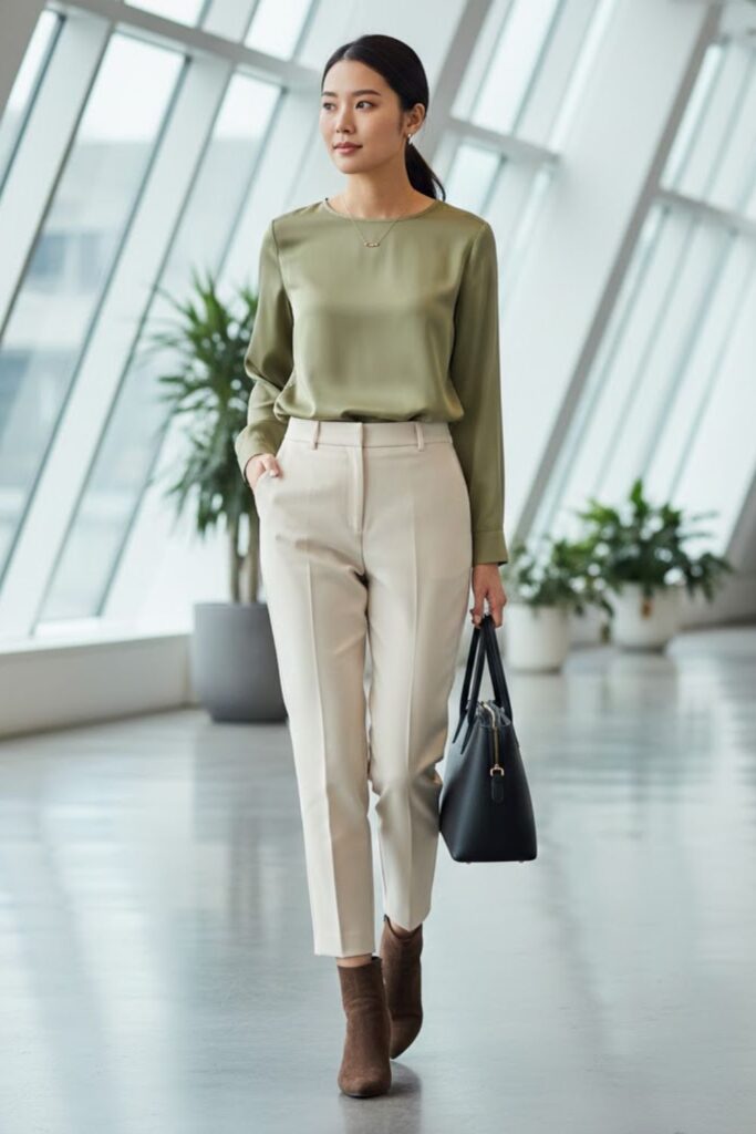 5. Suede Boots with Tailored Trousers and Blouse