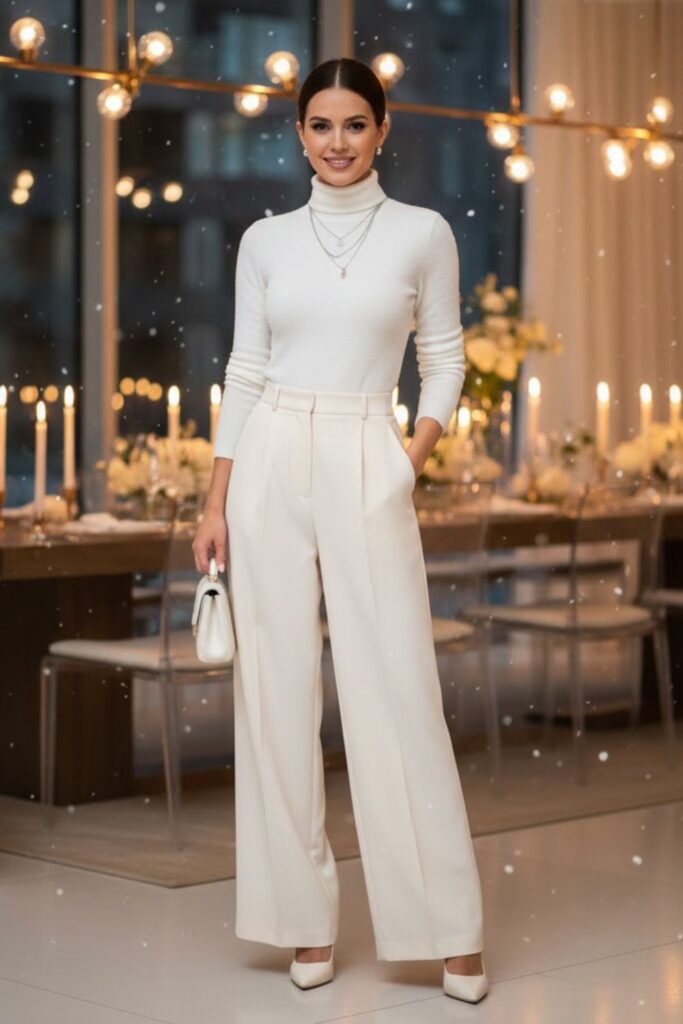 5. White Turtleneck With Wide-Leg Trousers