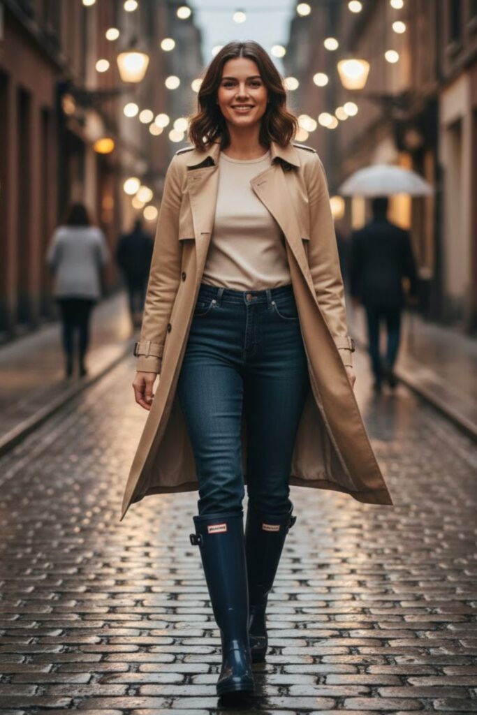 5. knee high hunter boots outfit with Straight-Leg Jeans and Trench Coat