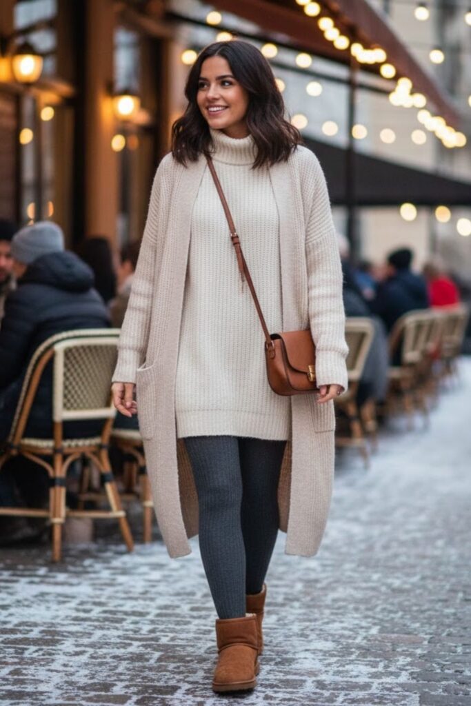 5. short ugg boots outfit with Sweater Dress and Tights