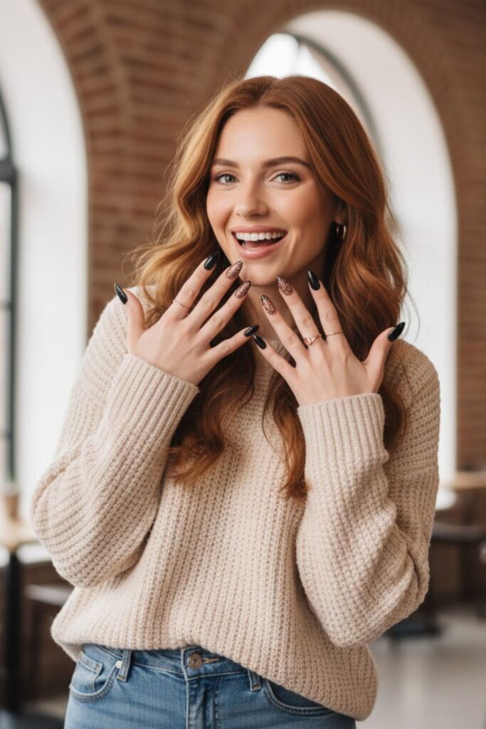6. Black almond nails with rose gold glitter tips