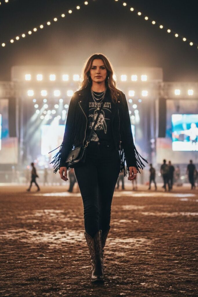 6. Country Concert Outfit Brown Boots with Black Jeans and Fringe Jacket