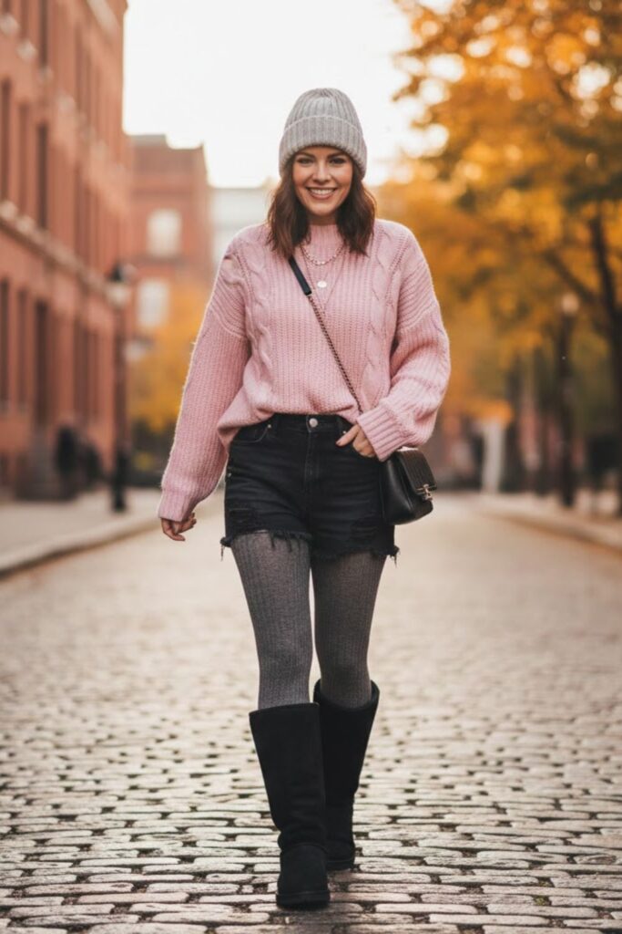 6. Denim Shorts and Chunky Sweater