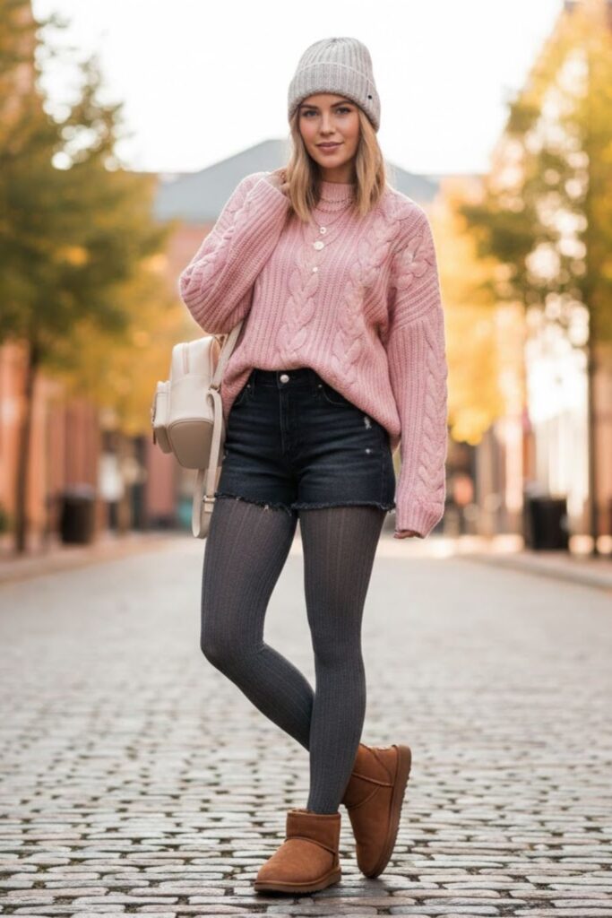 6. Denim Shorts and Oversized Sweater